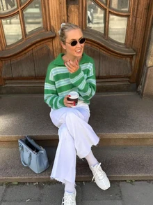 Plus Size Women's Striped Drop Shoulder Long Sleeve Casual Sweater - Green - View 1