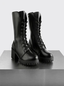Rollcall Sepatu Bot Berkuda Setinggi Lutut Bertali Hitam dengan Sol Tebal, Sepatu Bot Vintage untuk Wanita - Hitam - View 1