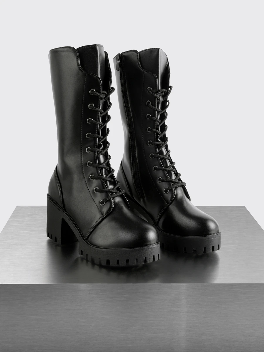 Rollcall Sepatu Bot Berkuda Setinggi Lutut Bertali Hitam dengan Sol Tebal, Sepatu Bot Vintage untuk Wanita - Hitam - View 1