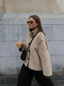 Women's Daily Wear Colorblock Front Button Stand Collar Wool Coat, Regular Fit Elegant Versatile Commuter Casual Jacket - Beige - View 4