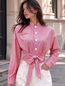 Women's Pink Striped Polyester Shirt, Stand Collar With Front Tie, Long Sleeve Button-Up, Fashionable Style - Multicolor - View 2