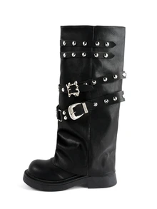 Rollcall 2025 New Punk Style Retro Round Toe Thigh High Boots With Rivets, Fall, Winter, Mid-Calf Boots - Black - View 3