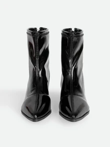 CHICVUE 女款時尚優雅尖頭粗跟踝靴，[尺寸偏小，建議買大一號] 百搭拉鍊款 - 黑色 - 查看 3