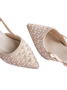 Rylithe New Spring/Autumn Korean Style Minimalist Crystal & Faux Pearl Pointed Toe High Heel Mules, Kitten Heels, Commute - Rose Gold - View 4