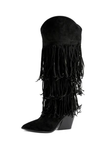 Rollcall Fall/Winter 2025 Women's Black Retro Knee-High Fringe Decorated Side Zipper Faux Suede Chunky - Black - View 3