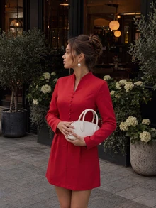 Women Fall Fashion Elegant Sexy Red Bow Back Long Sleeve Mini Dress For Hoco Going Out Party Vacation - Red - View 3