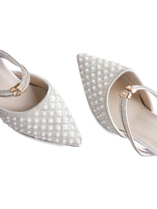 Rylithe New Stylish Rhinestone & Faux Pearl Pointed Toe High Heel Mules, Suitable For Dates, Parties, Commuting And Business Wear - Silver - View 5