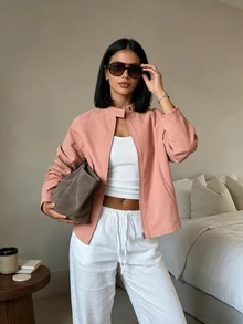 Women's New Zipper Winter Jacket, Sexy Comfortable Faux Suede Coat - Dusty Pink - View 2