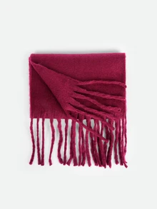 CHICVUE 1pc Solid Color Scarf, Warm Neck Accessory For Winter, Thick Knitted Fringed Shawl, Suitable To Pair With Dresses - Burgundy - View 2