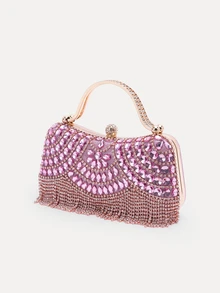 TuEzra Tas Clutch Malam Baru Berhiaskan Rhinestone, Dekorasi Rumbai Payet Berkilau, Hadiah untuk Wanita, Cocok untuk Pesta, Pernikahan, Pesta Dansa/Perjamuan - Berwarna merah muda - View 3
