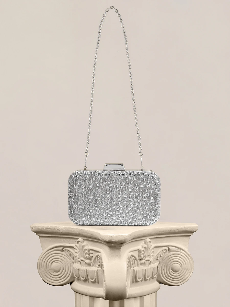 Rylithe 1pc Elegant Shiny Silver Sequin Crystal Decorated Clutch Bag, Luxury Fashion Shoulder Bag, Suitable For Evening Party, Wedding - Silver - View 1