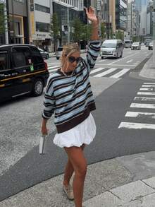 Plus Size Women's Casual Color Block Striped Sweater, Autumn/Winter - Brown - View 1