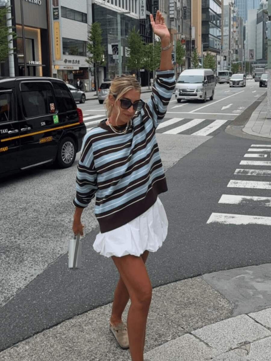 Plus Size Women's Casual Color Block Striped Sweater, Autumn/Winter - Brown - View 1