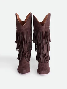 CHICVUE Coffee Brown 3-Layer Tassel Slip-On Chunky Low Heel Round Toe New Elegant Versatile Commute Daily Fashion - Coffee Brown - View 3