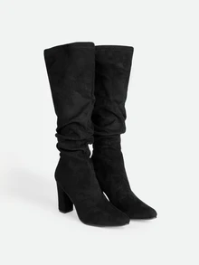 CHICVUE 女款時尚優雅黑色及膝靴，粗高跟，秋冬穿脫式尖頭抓皺靴 - 黑色 - 查看 2