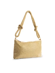 Rylithe Bolso tipo cubo ligero, estilo business casual, con decoración de strass, diseño mini con cordón, para novia, artículos de boda - Dorado - Ver 3