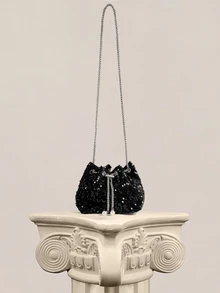 Rylithe Chain Drawstring PVC Large Sequin Shiny Bucket Bag, Metal Pearl Decor Colorful Sequin Women's Evening Shoulder Crossbody Bag - Black - View 1