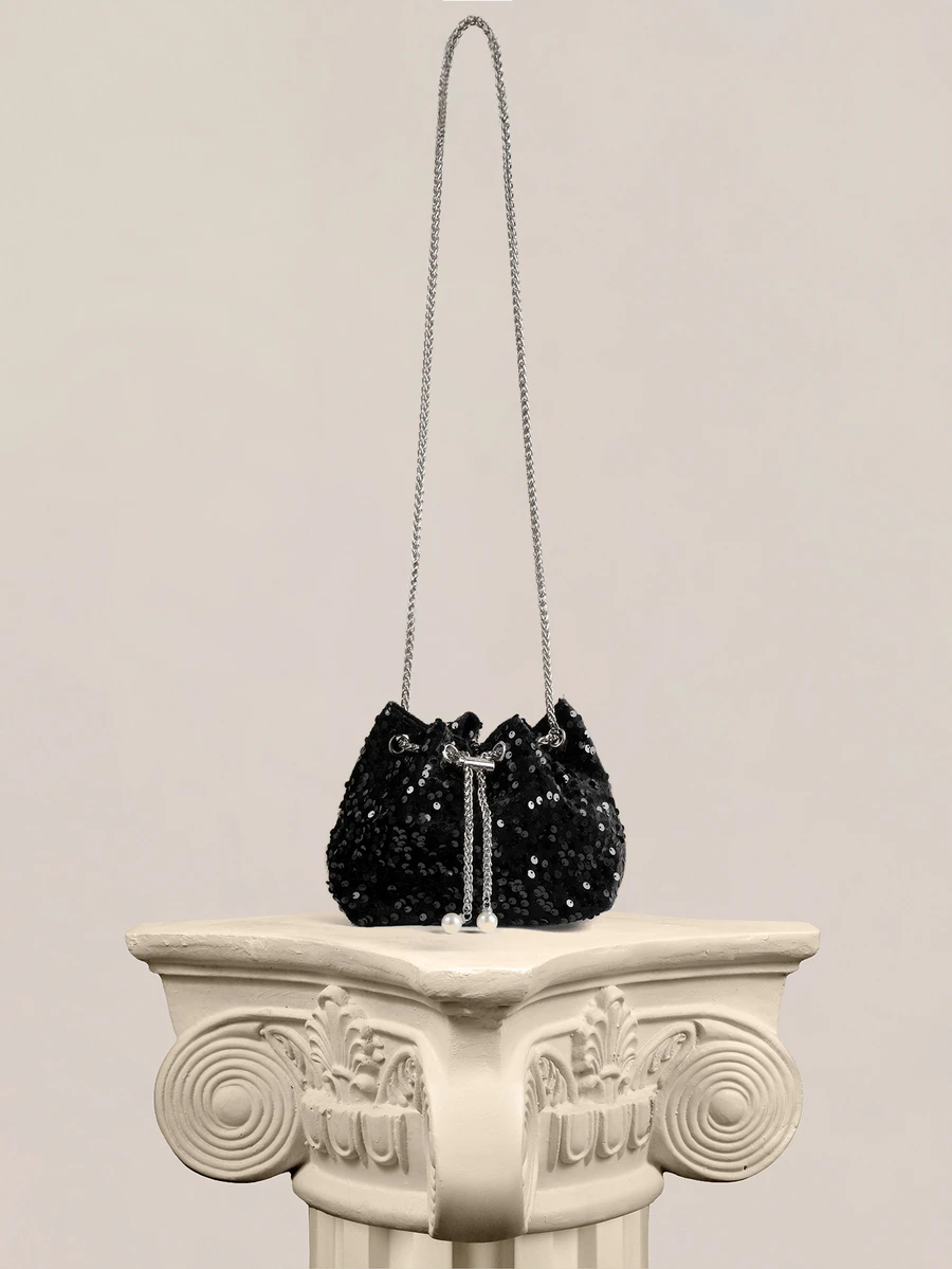 Rylithe Chain Drawstring PVC Large Sequin Shiny Bucket Bag, Metal Pearl Decor Colorful Sequin Women's Evening Shoulder Crossbody Bag - Black - View 1