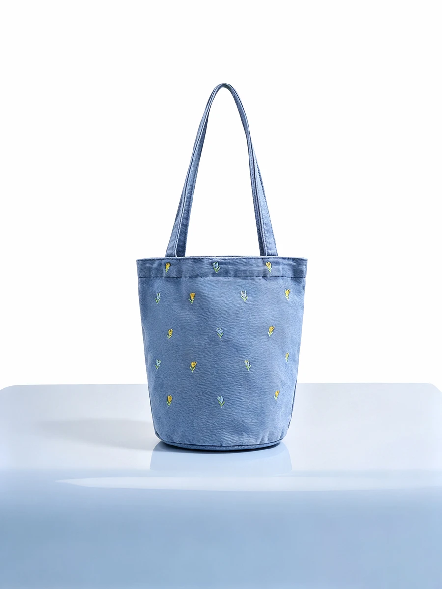 Trivaya Vintage Denim Floral Embroidery Versatile Shoulder Bag, Student Lunch Bag, Bucket Bag For Women - Baby Blue - View 1