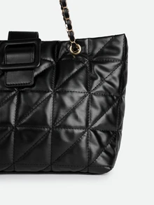 CHICVUE Solid Color PU Fabric Fashion Elegant Quilted Zipper Chain Shoulder Bag, Suitable For Party, Street, Travel, Versatile - Black - View 4