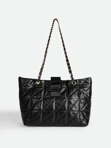 CHICVUE Solid Color PU Fabric Fashion Elegant Quilted Zipper Chain Shoulder Bag, Suitable For Party, Street, Travel, Versatile - Black - View 1