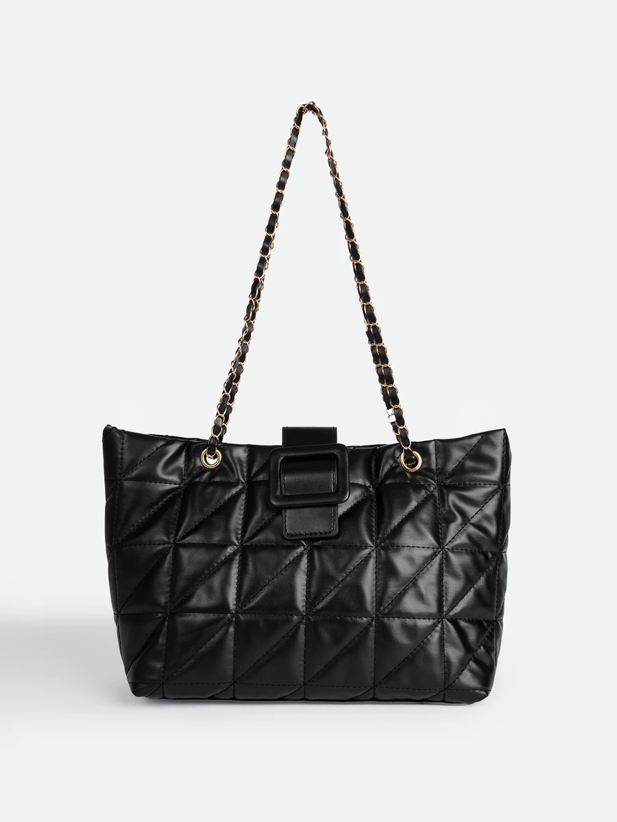 CHICVUE Solid Color PU Fabric Fashion Elegant Quilted Zipper Chain Shoulder Bag, Suitable For Party, Street, Travel, Versatile - Black - View 1