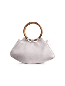 Rylithe Elegant Shiny Multi-Color Leaf & Floral Patchwork Handbag, Vintage Classic Style Wooden Ring Design Evening Bag, Mini Square Tote Bag - Gold - View 4