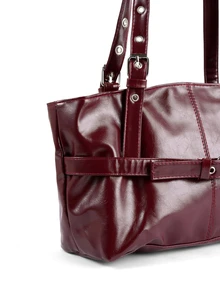 Rollcall 1pc Vintage Large Capacity Tote Bag, Commuter Oversized Underarm Bag, Fashion - Burgundy - View 4