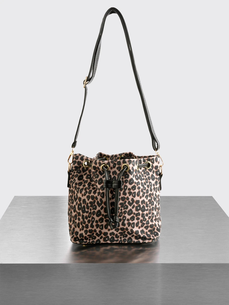 Rollcall 1pc New Autumn/Winter Black Leopard Print Mini Bucket Bag With Drawstring Design, Suitable For Shopping, Outings, Students, Young People Commuting - Coffee Brown - View 1