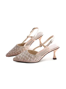 Rylithe New Spring/Autumn Korean Style Minimalist Crystal & Faux Pearl Pointed Toe High Heel Mules, Kitten Heels, Commute - Rose Gold - View 3