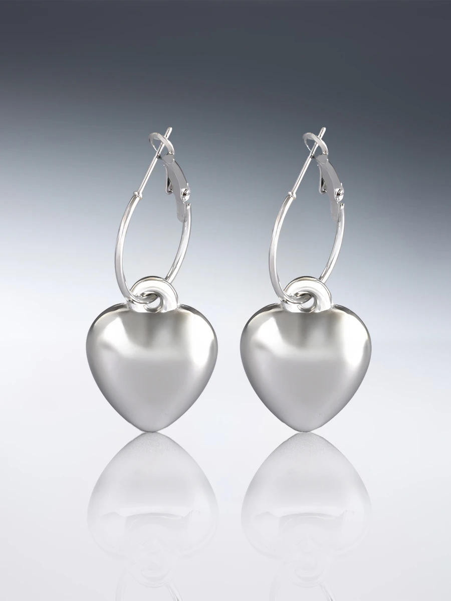 Rollcall 1pair High-End CCB Heart Drop Earrings, Round Metal Hoop Earrings With UV Plating, Women - Silver - View 1