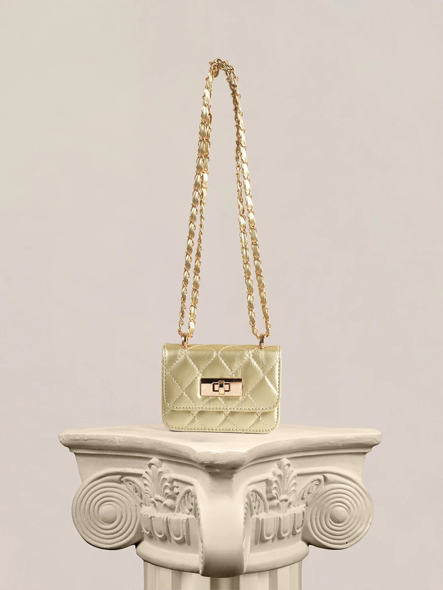 Rylithe New Mini Square Bag Women Handbag Diamond Pattern Stitching Shoulder Bag Woven Chain Bag Flip Small Bag Cute Diagonal Cross-Body Bag - Gold - View 1