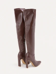 TuEzra Fall/Winter Square Toe Chunky Heeled Classic Boots, White Elegant Solid Classic Boots,Perfect With Hoodies/Sweater - Brown - View 2
