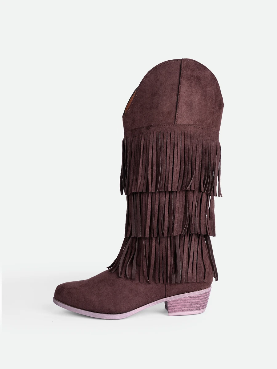 CHICVUE Coffee Brown 3-Layer Tassel Slip-On Chunky Low Heel Round Toe New Elegant Versatile Commute Daily Fashion - Coffee Brown - View 1
