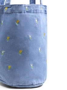 Trivaya Vintage Denim Floral Embroidery Versatile Shoulder Bag, Student Lunch Bag, Bucket Bag For Women - Baby Blue - View 5
