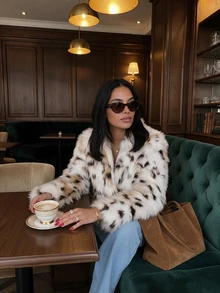 Women's Loose Lapel Patchwork Leopard Print Faux Fur Effect Coat, Autumn/Winter Vacation Jacket - Multicolor - View 3