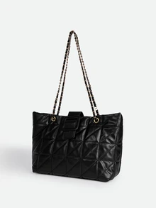 CHICVUE Solid Color PU Fabric Fashion Elegant Quilted Zipper Chain Shoulder Bag, Suitable For Party, Street, Travel, Versatile - Black - View 2