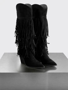 Rollcall Fall/Winter 2025 Women's Black Retro Knee-High Fringe Decorated Side Zipper Faux Suede Chunky - Black - View 1