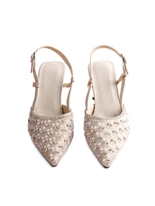 Rylithe New Spring/Autumn Korean Style Minimalist Crystal & Faux Pearl Pointed Toe High Heel Mules, Kitten Heels, Commute - Rose Gold - View 2