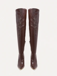 TuEzra Fall/Winter Square Toe Chunky Heeled Classic Boots, White Elegant Solid Classic Boots,Perfect With Hoodies/Sweater - Brown - View 3