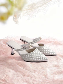 Rylithe New Stylish Rhinestone & Faux Pearl Pointed Toe High Heel Mules, Suitable For Dates, Parties, Commuting And Business Wear - Silver - View 2