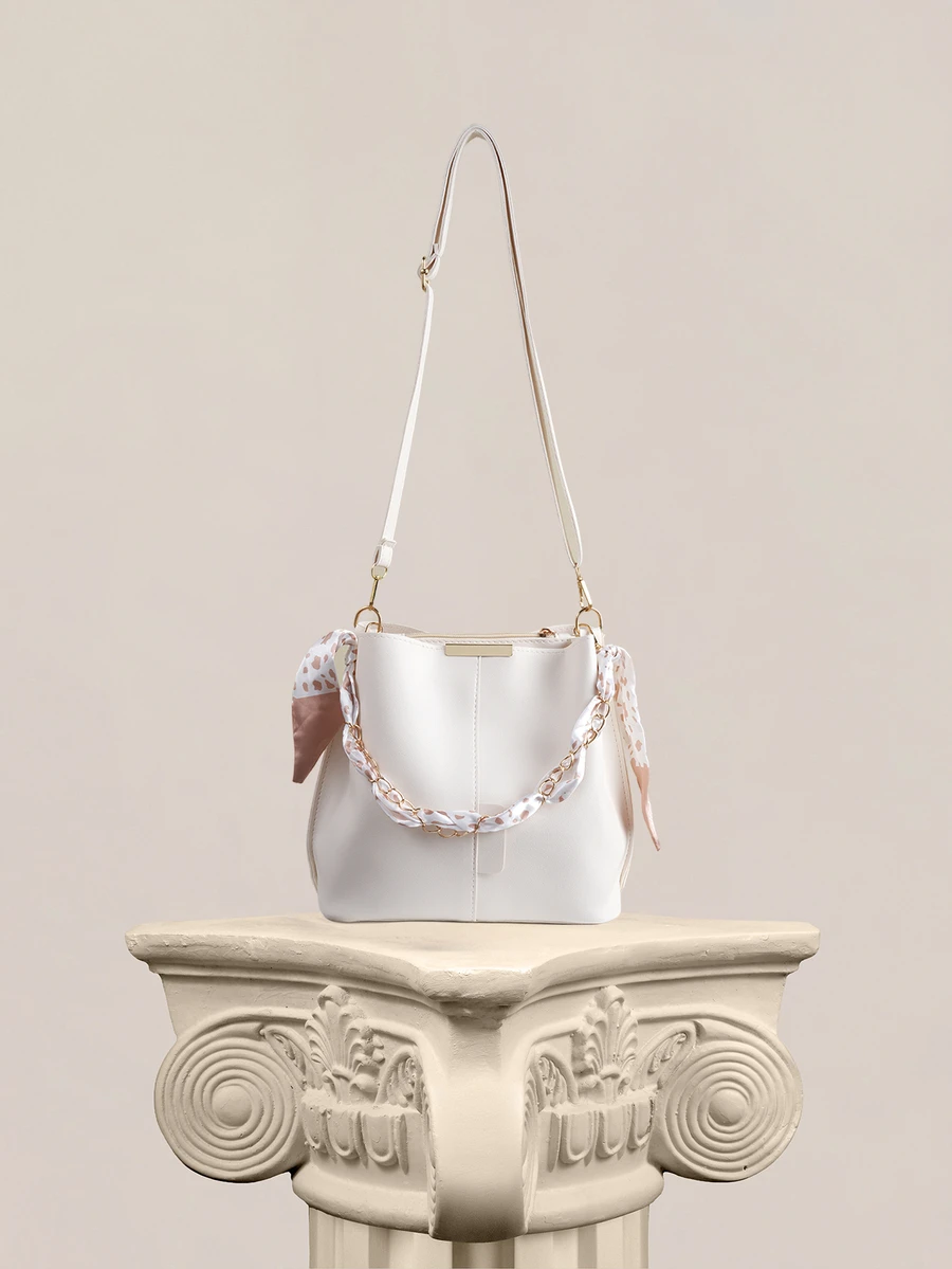 Rylithe PU Leather Bucket Bag With Chain Accent, Crossbody For Women , New Year, Cream Bag - White - View 1