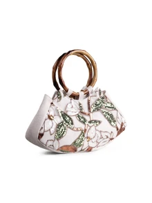 Rylithe Elegant Shiny Multi-Color Leaf & Floral Patchwork Handbag, Vintage Classic Style Wooden Ring Design Evening Bag, Mini Square Tote Bag - Gold - View 2