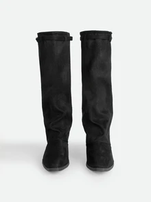 CHICVUE 2025新款女士尖头粗跟防滑纯色时尚性感过膝长靴，秋冬季派对必备 - 黑色 - 查看 3