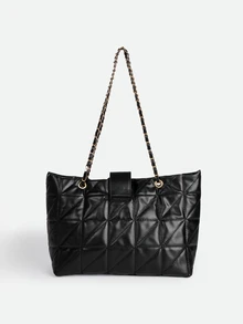 CHICVUE Solid Color PU Fabric Fashion Elegant Quilted Zipper Chain Shoulder Bag, Suitable For Party, Street, Travel, Versatile - Black - View 3