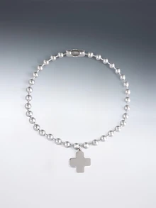 Rollcall 1pc Punk Style Titanium Steel Silver Bead Cross Pendant Necklace, Suitable For Women's Daily Wear, Christian Faith Accessory, Baptism Gift - Silver - View 1