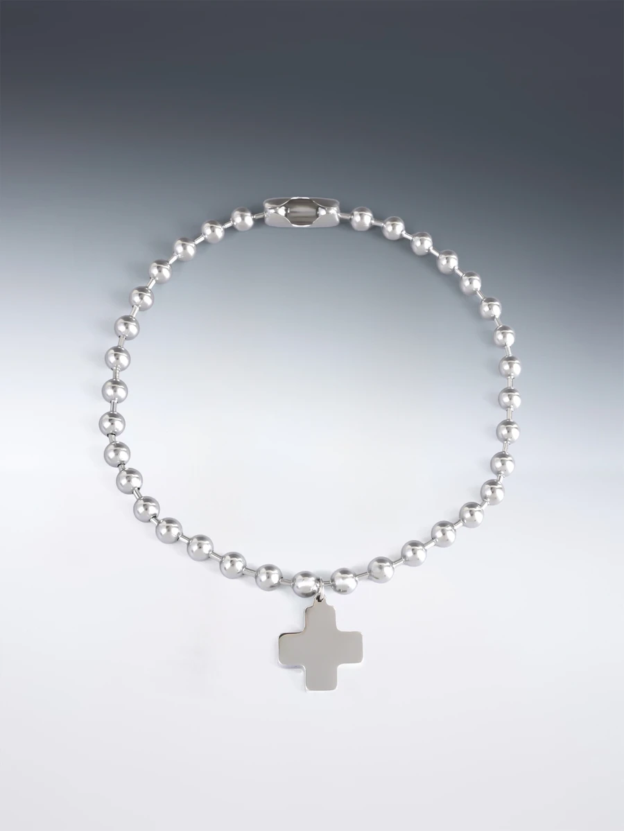 Rollcall 1pc Punk Style Titanium Steel Silver Bead Cross Pendant Necklace, Suitable For Women's Daily Wear, Christian Faith Accessory, Baptism Gift - Silver - View 1