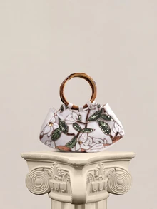 Rylithe Elegant Shiny Multi-Color Leaf & Floral Patchwork Handbag, Vintage Classic Style Wooden Ring Design Evening Bag, Mini Square Tote Bag - Gold - View 1