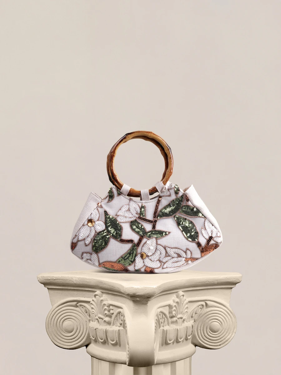 Rylithe Elegant Shiny Multi-Color Leaf & Floral Patchwork Handbag, Vintage Classic Style Wooden Ring Design Evening Bag, Mini Square Tote Bag - Gold - View 1