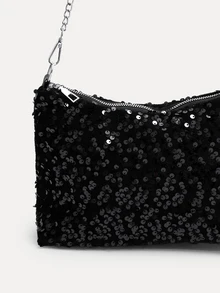 TuEzra 1pc Zipper Closure PVC Sequin Shiny Shoulder Bag, Fashion Chain Strap Clutch Bag, Suitable For Women's Party, Date, Evening Use - Black - View 4